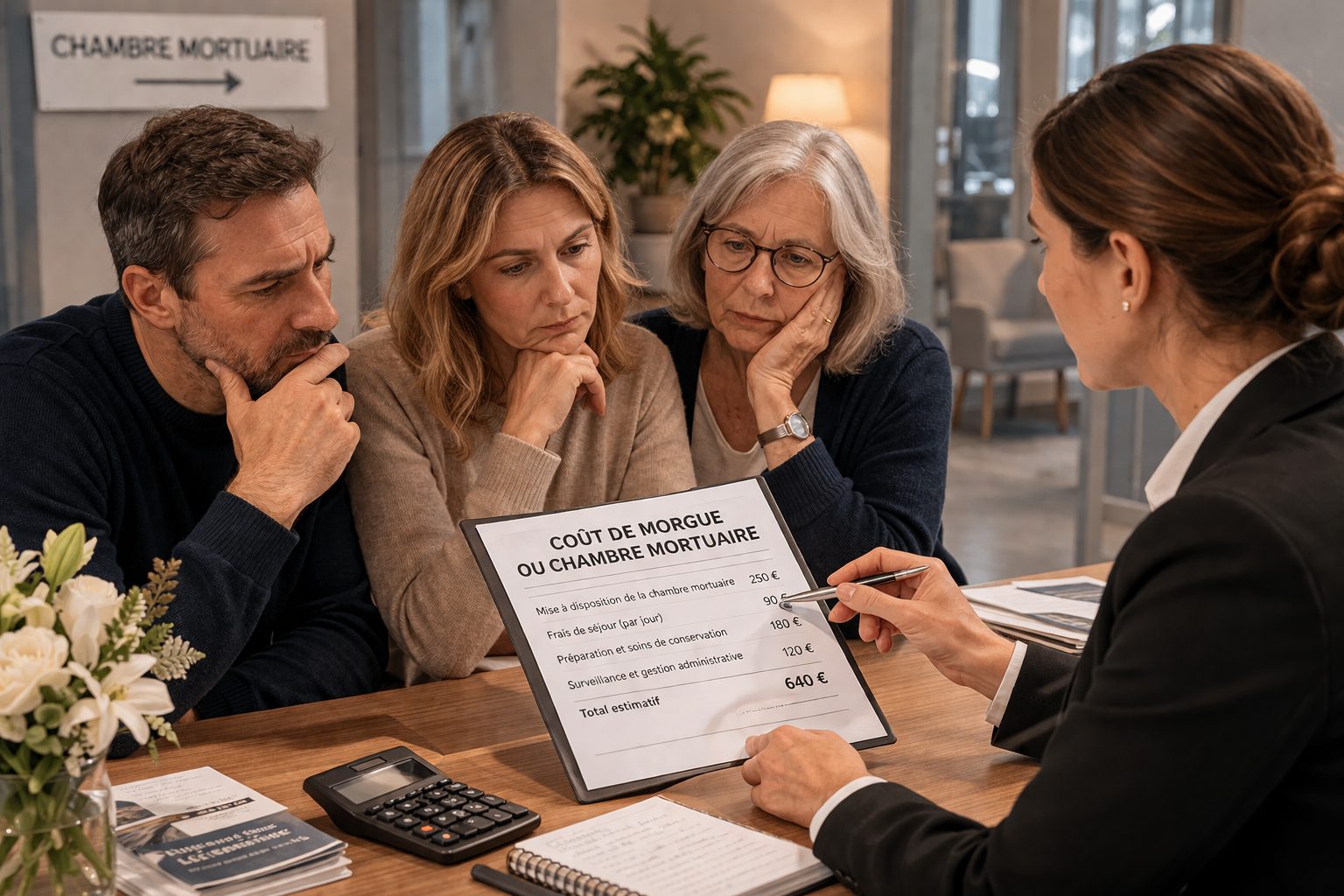 Famille reçue par un conseiller funéraire pour l’explication des frais de chambre mortuaire et des prestations funéraires