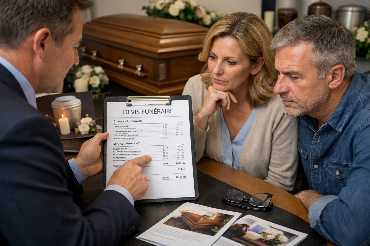 Conseiller funéraire présentant un devis transparent mêlant chambre funéraire et pompes funèbres à une famille en entretien
