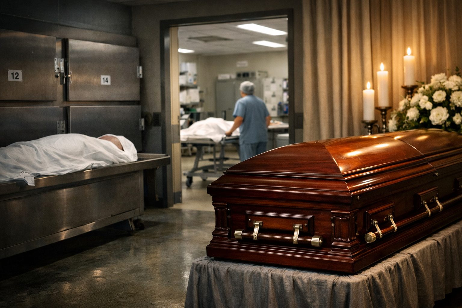 Illustration réaliste du cumul des frais de morgue, de chambre mortuaire et de chambre funéraire avant les obsèques