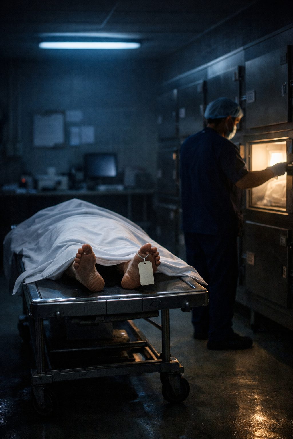 Salle de morgue la nuit avec un corps recouvert sur un chariot et un agent en train d’ouvrir un compartiment réfrigéré