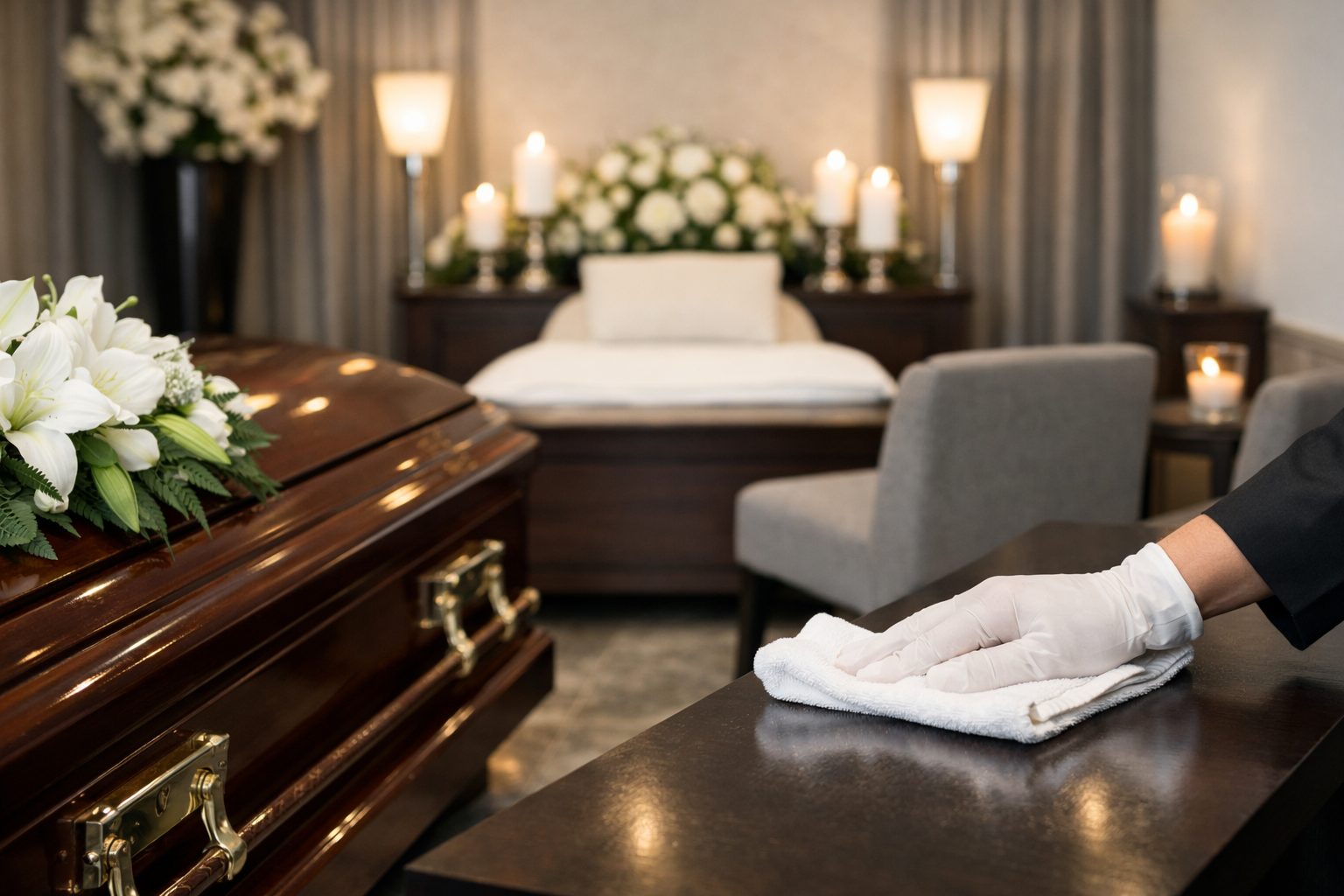 Détail de propreté dans une chambre funéraire avec surface désinfectée, mobilier soigné et espace de recueillement impeccable