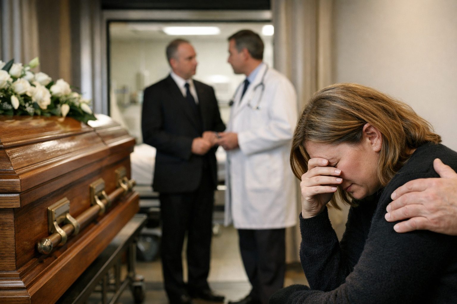 Chambre funéraire choisie en urgence après un décès à l’hôpital avec une proche en recueillement
