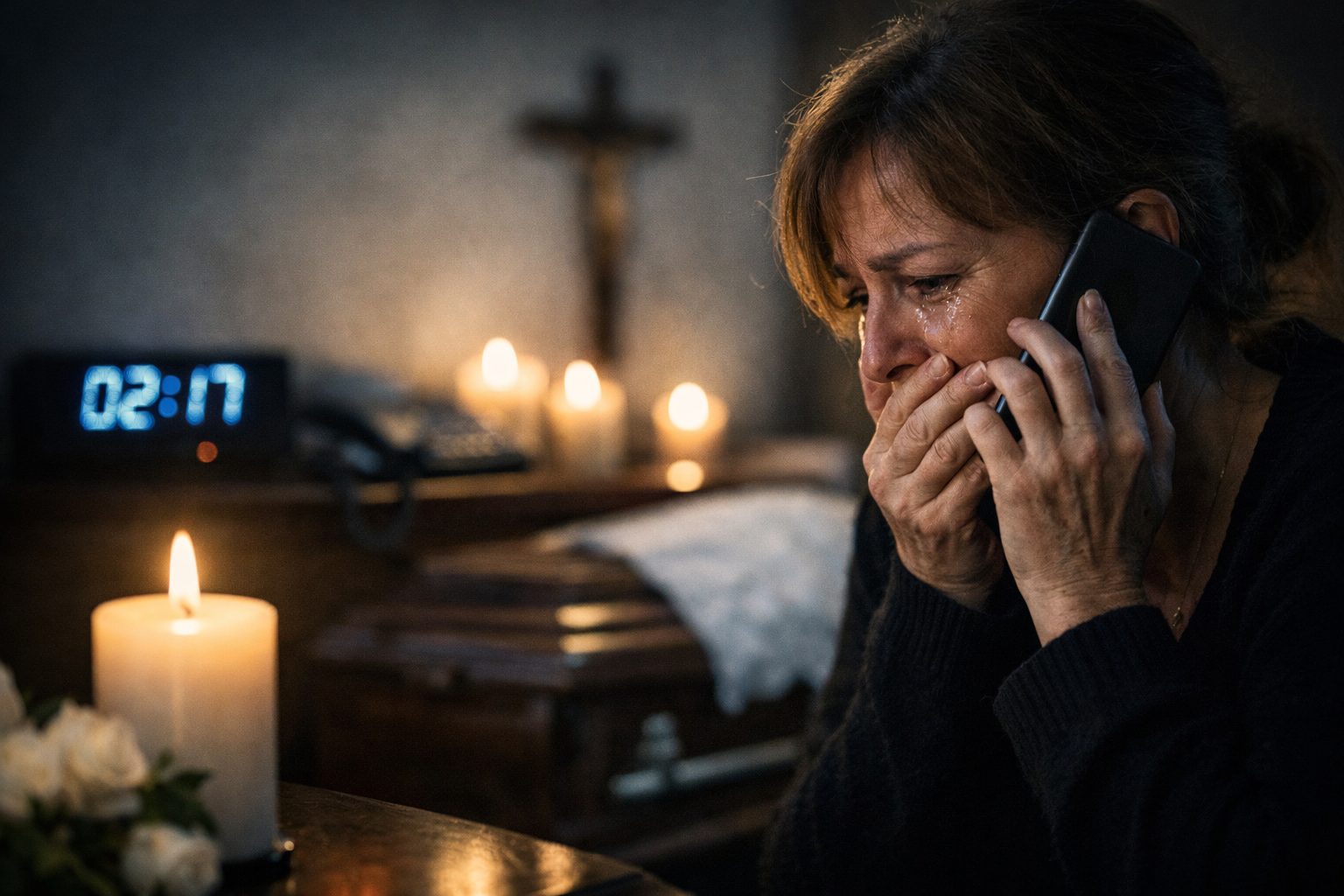 Femme en deuil appelant des pompes funèbres la nuit après un décès à domicile