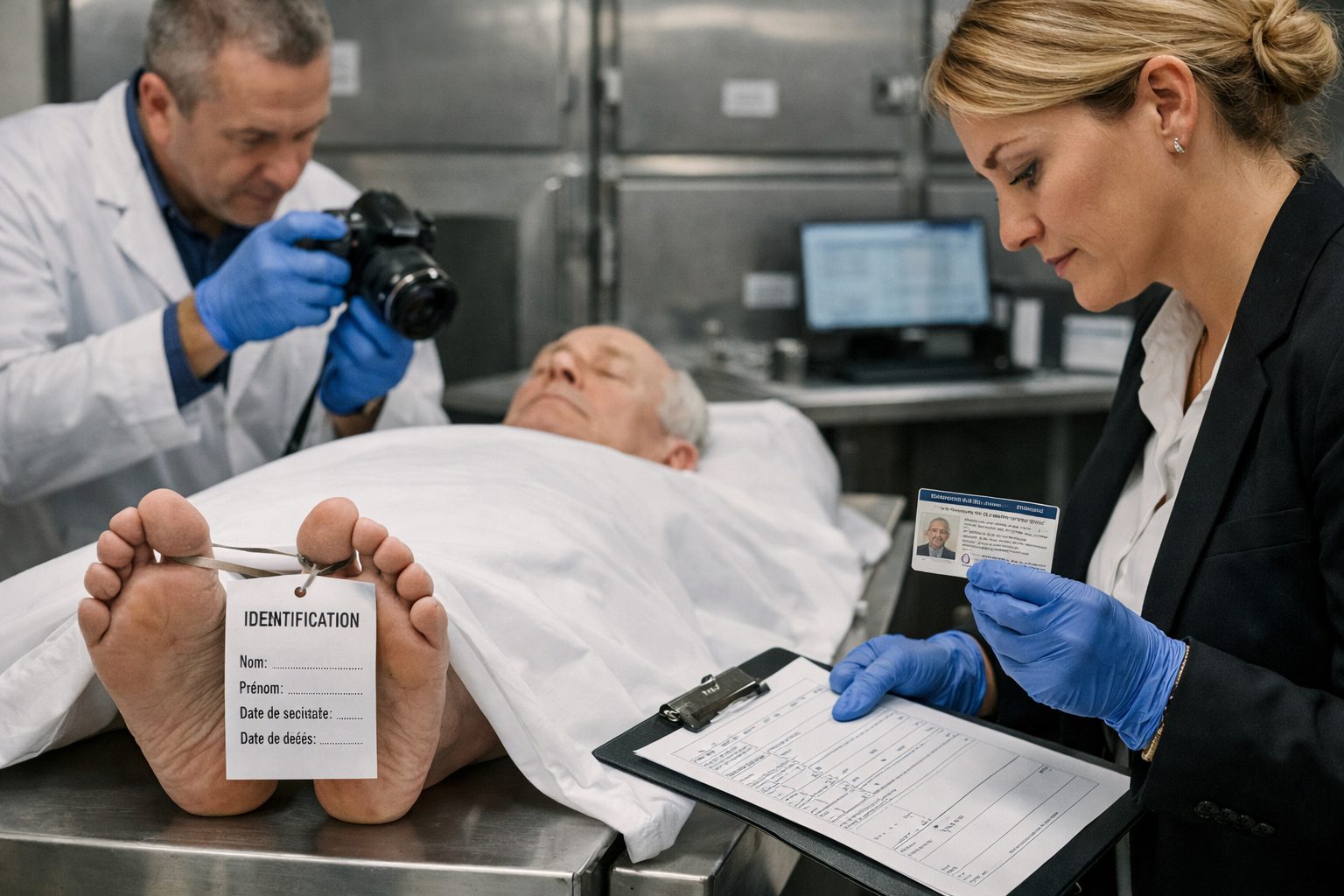 Professionnels en chambre funéraire effectuant la procédure d’identification d’un défunt avant la prise en charge funéraire