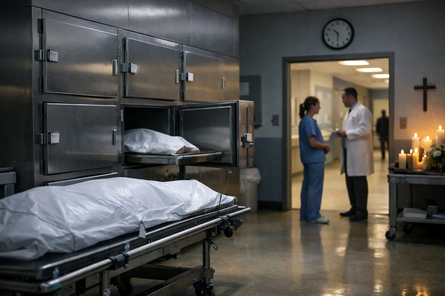 Chambre mortuaire à l’hôpital pendant le week-end avec personnel soignant et espace de recueillement