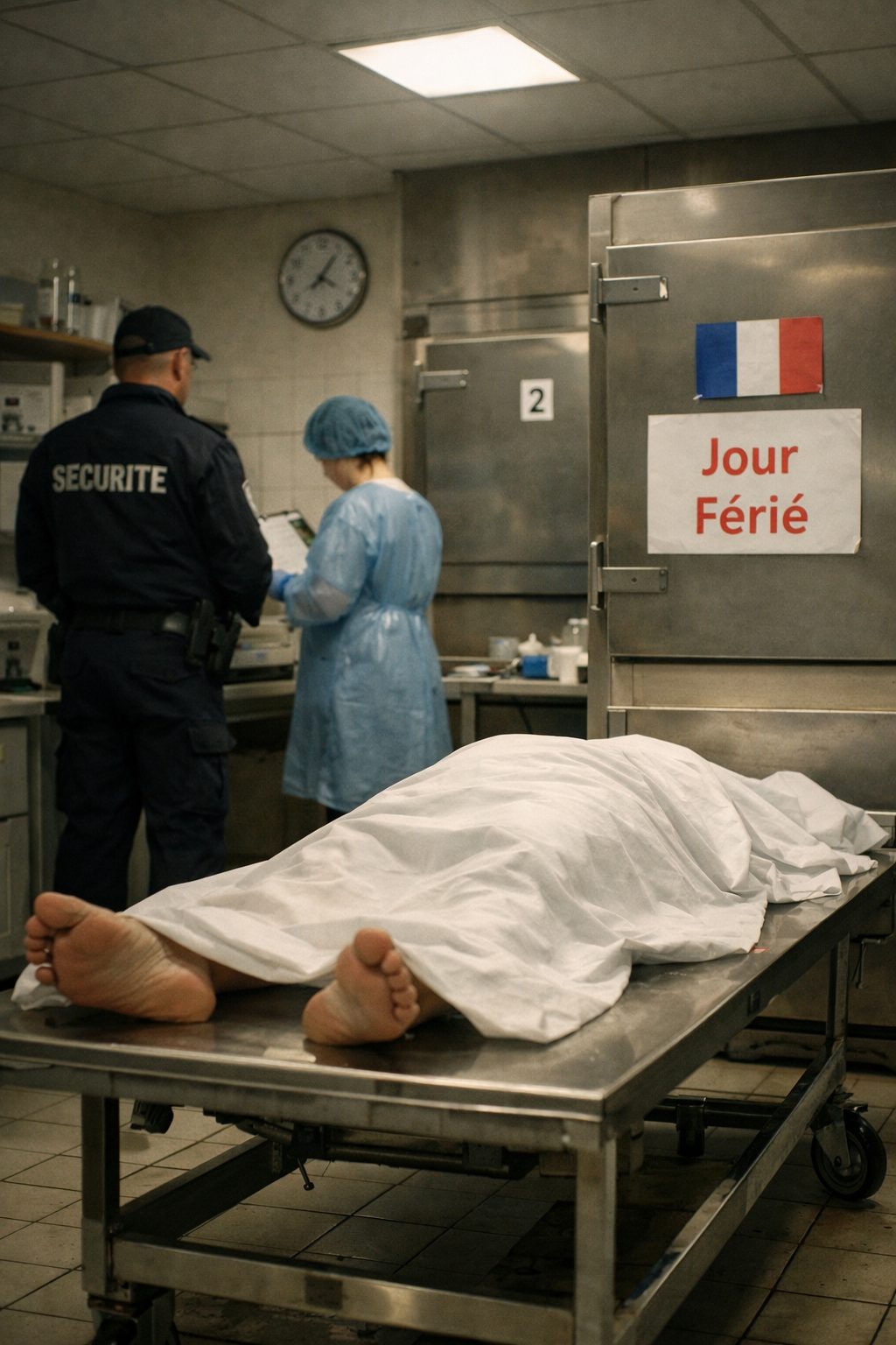 Chambre mortuaire d’un hôpital un jour férié avec personnel hospitalier en gestion post-décès