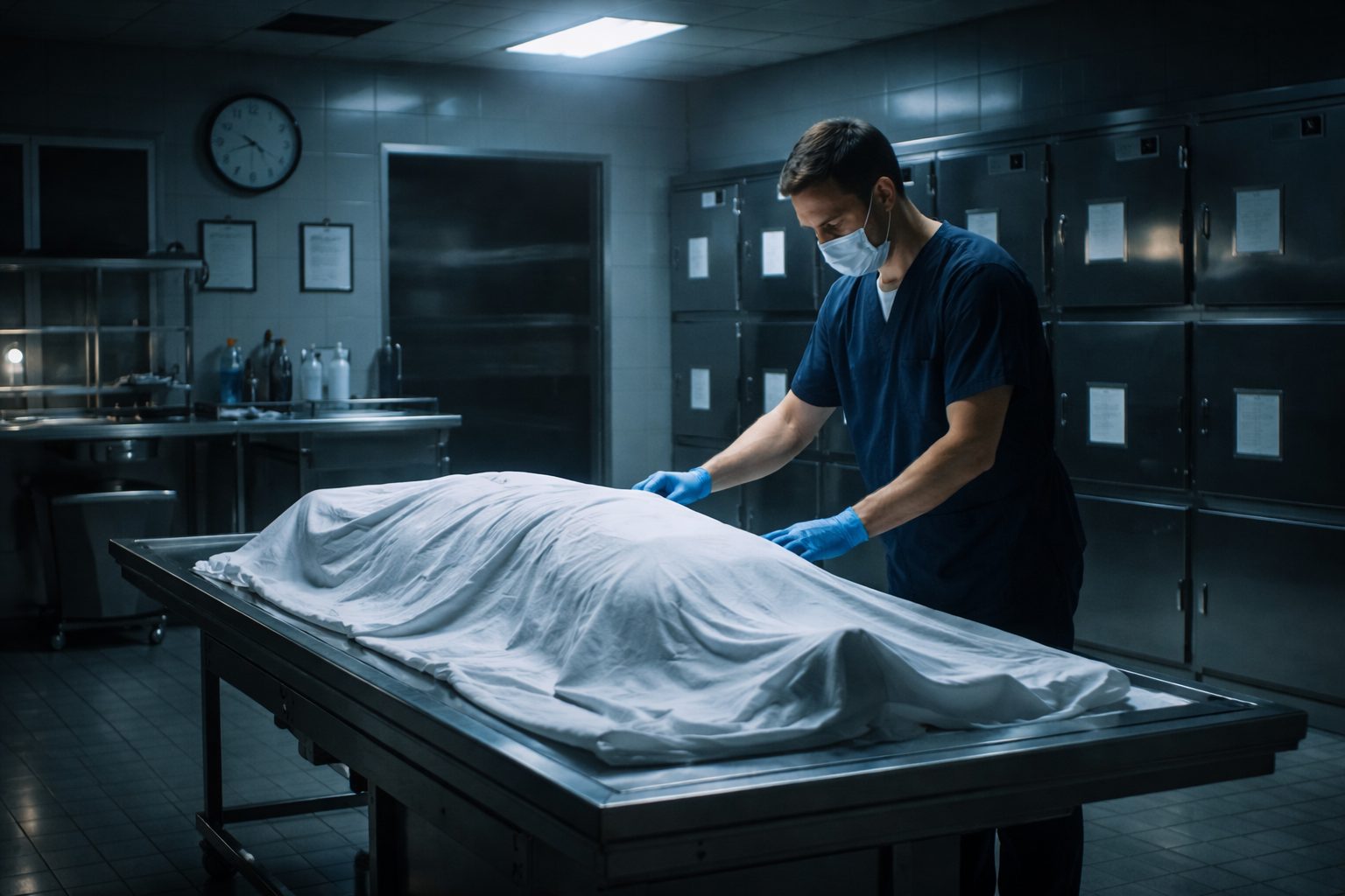 Agent de morgue assurant la prise en charge d’un défunt dans une morgue hospitalière opérationnelle 24h sur 24