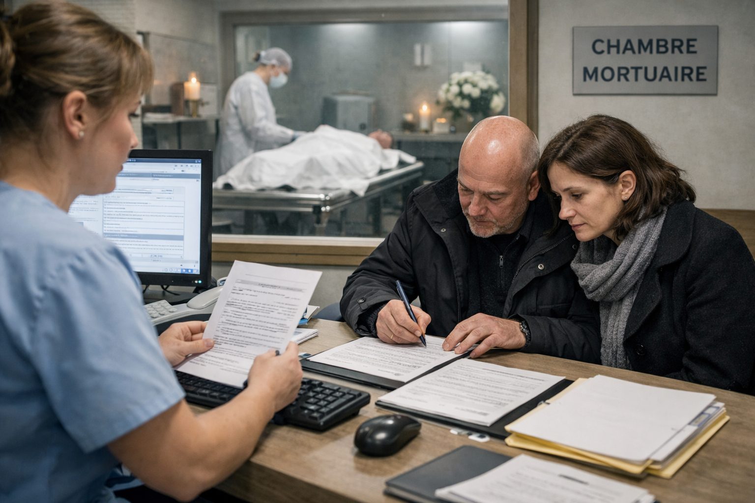 Personnel de chambre mortuaire accompagnant une famille dans les démarches administratives urgentes après un décès
