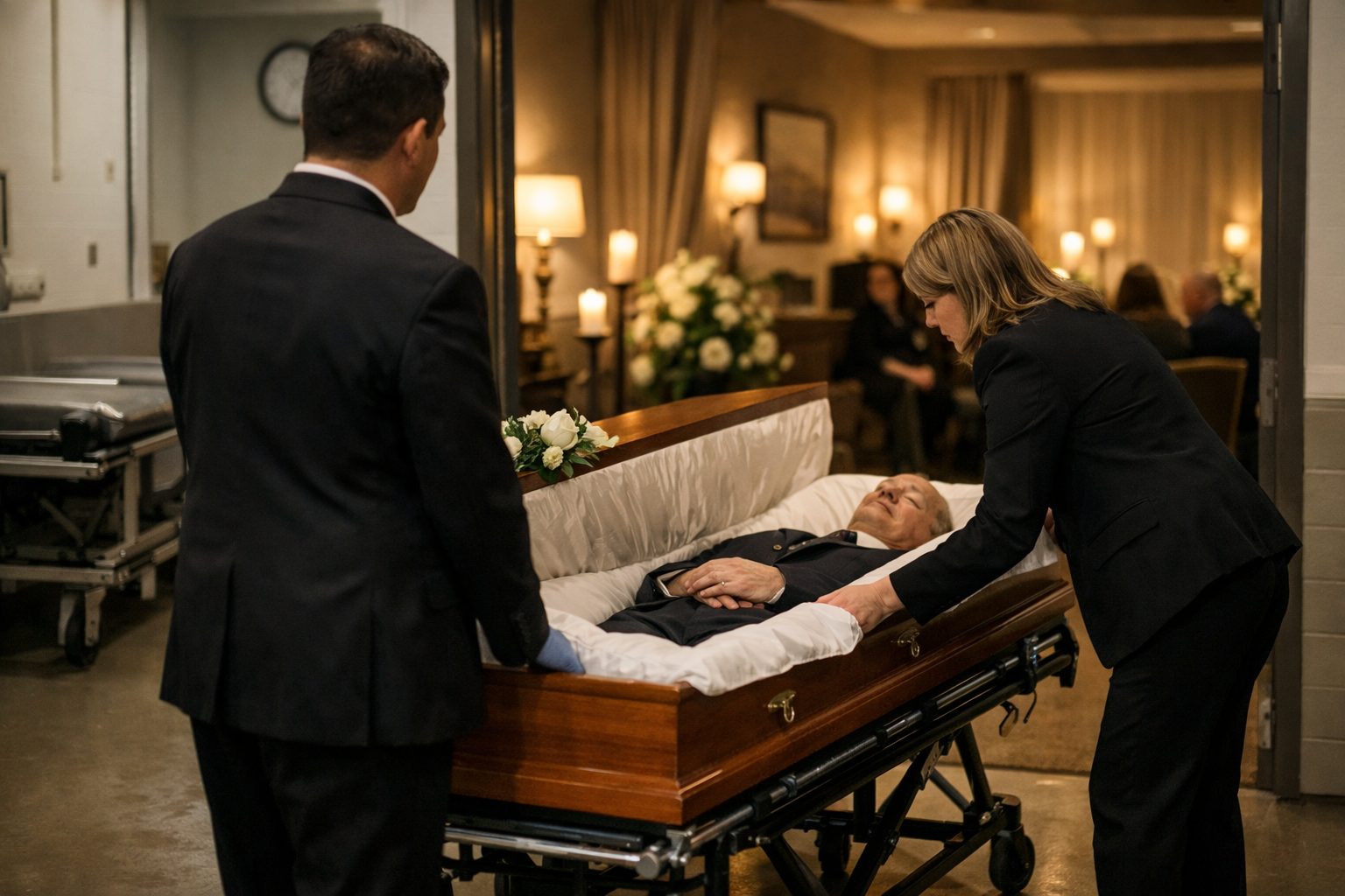 Chambre funéraire organisant une visite rapide après un transfert tardif avec préparation du défunt dans un salon de recueillement