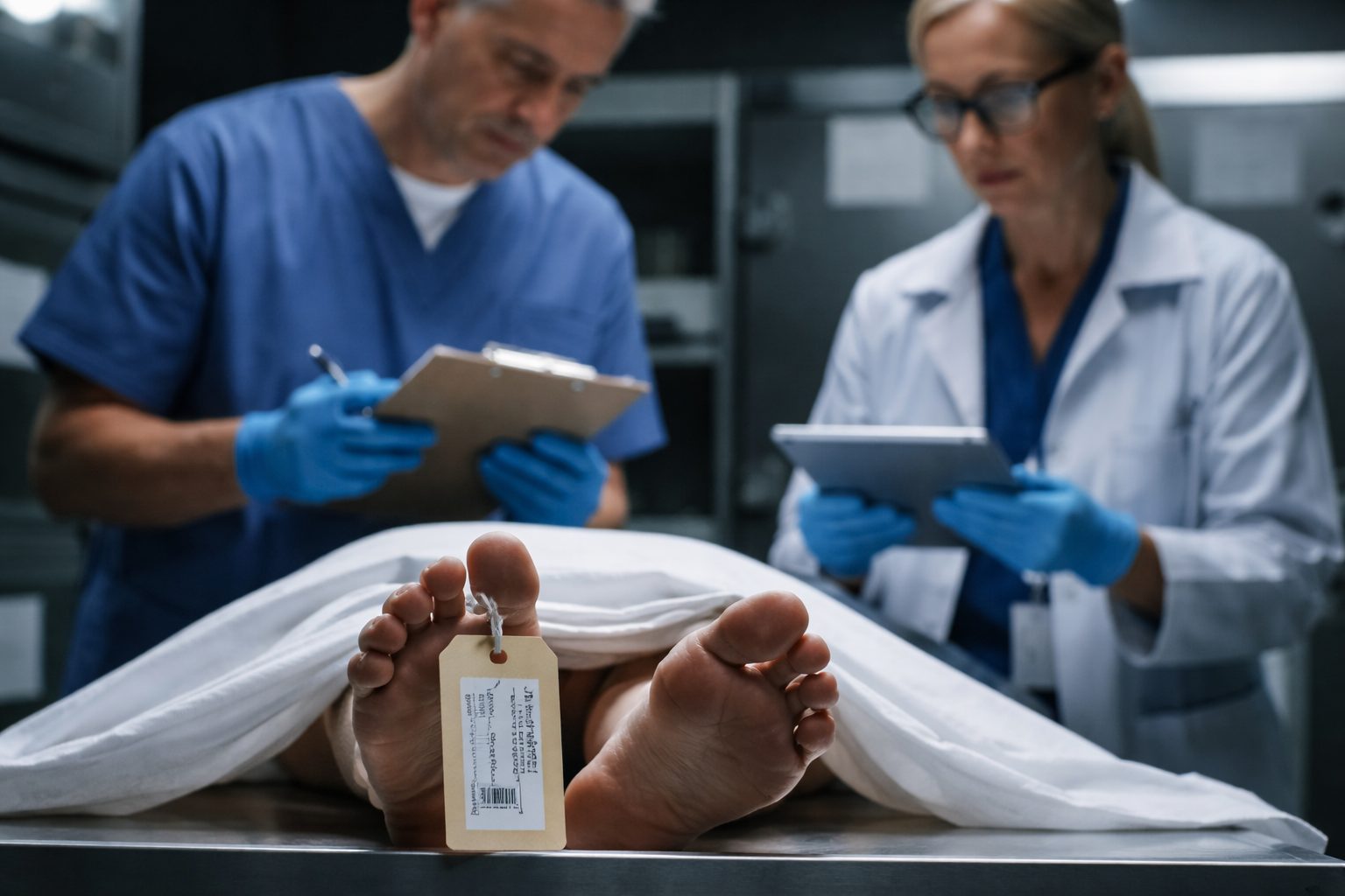 Personnel de chambre mortuaire vérifiant plusieurs fois l’identité d’un corps avant sa prise en charge funéraire