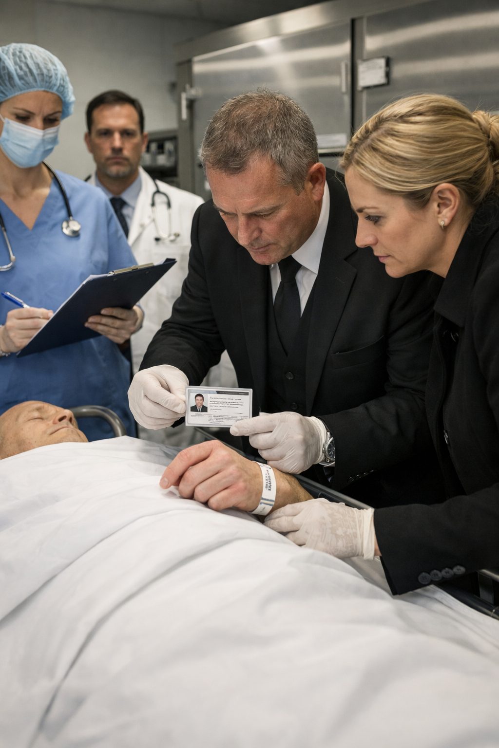 Professionnels des pompes funèbres et personnel hospitalier vérifiant l’identité du défunt à l’hôpital avant la prise en charge funéraire