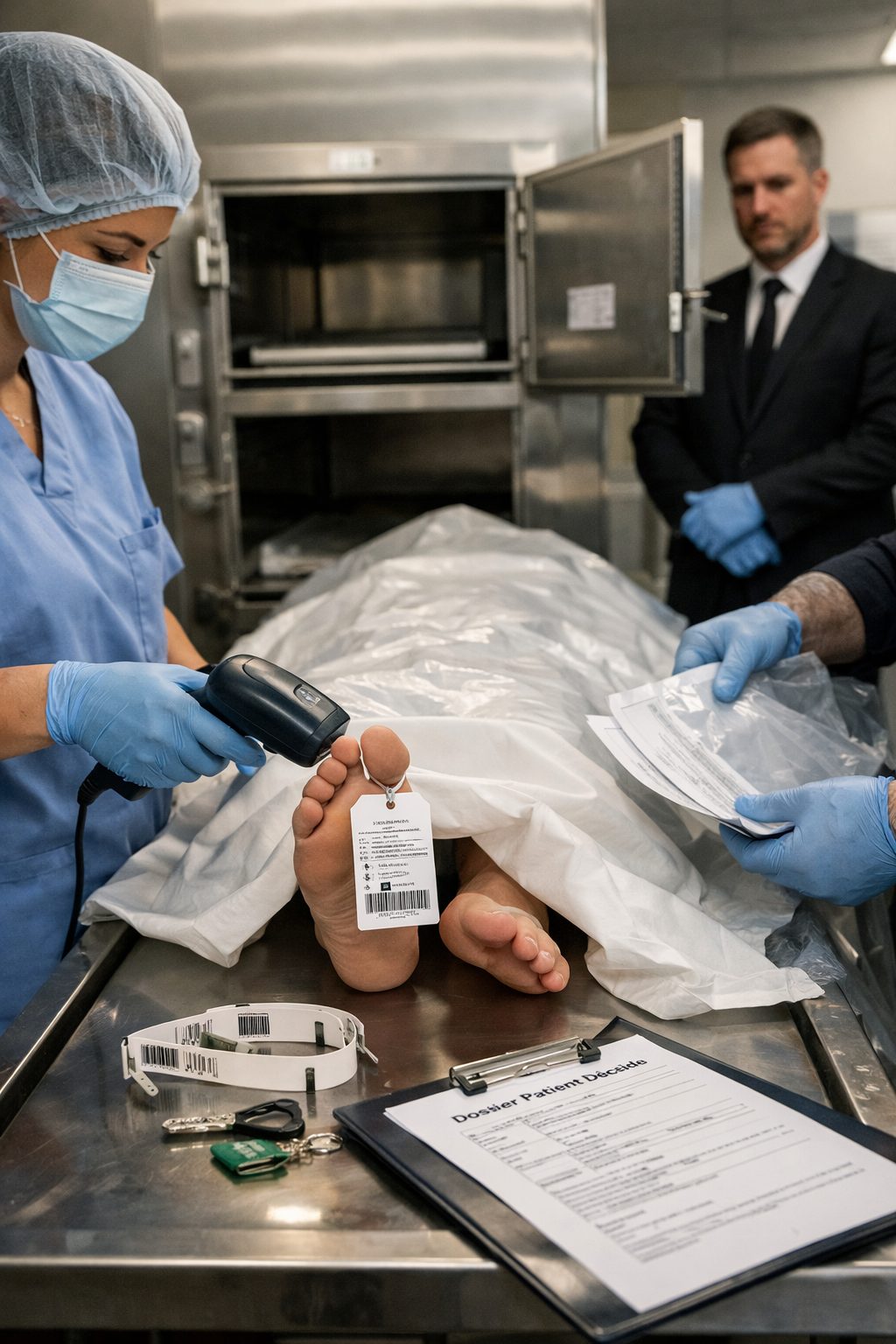 Personnel hospitalier vérifiant l’identification d’un défunt avant la prise en charge par les pompes funèbres