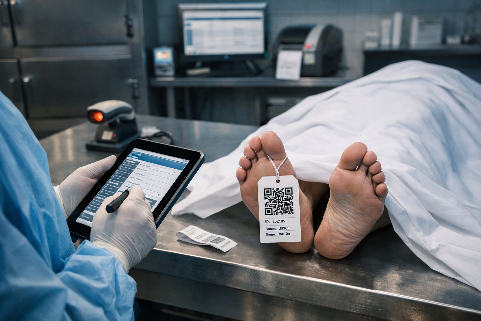 Technicien de morgue utilisant une tablette pour assurer la traçabilité fiable d’un défunt dans une salle mortuaire