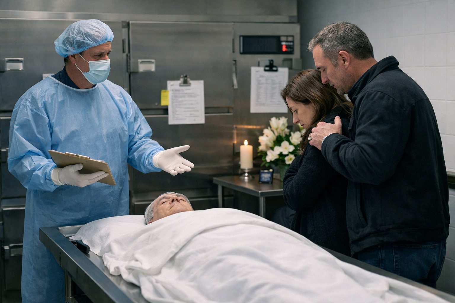Professionnel de chambre mortuaire vérifiant l’identification du défunt avec une famille afin d’éviter les erreurs de remise du corps