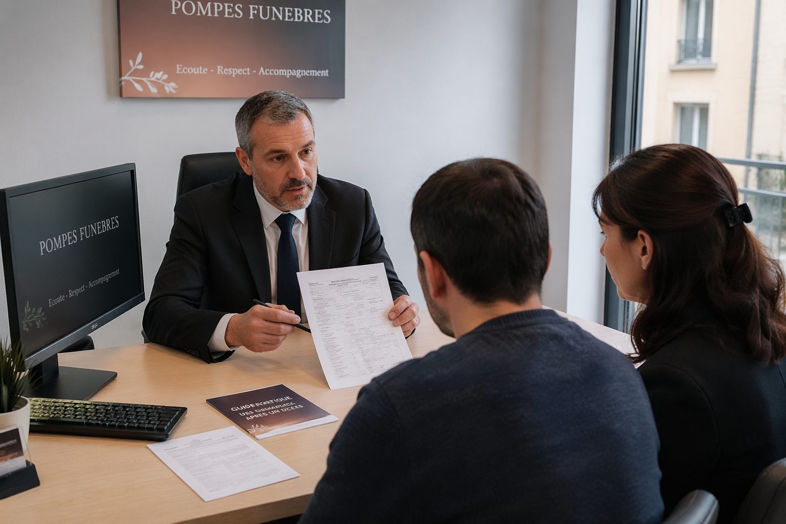 Conseiller en pompes funèbres expliquant les documents nécessaires avant le transfert d’un défunt à une famille