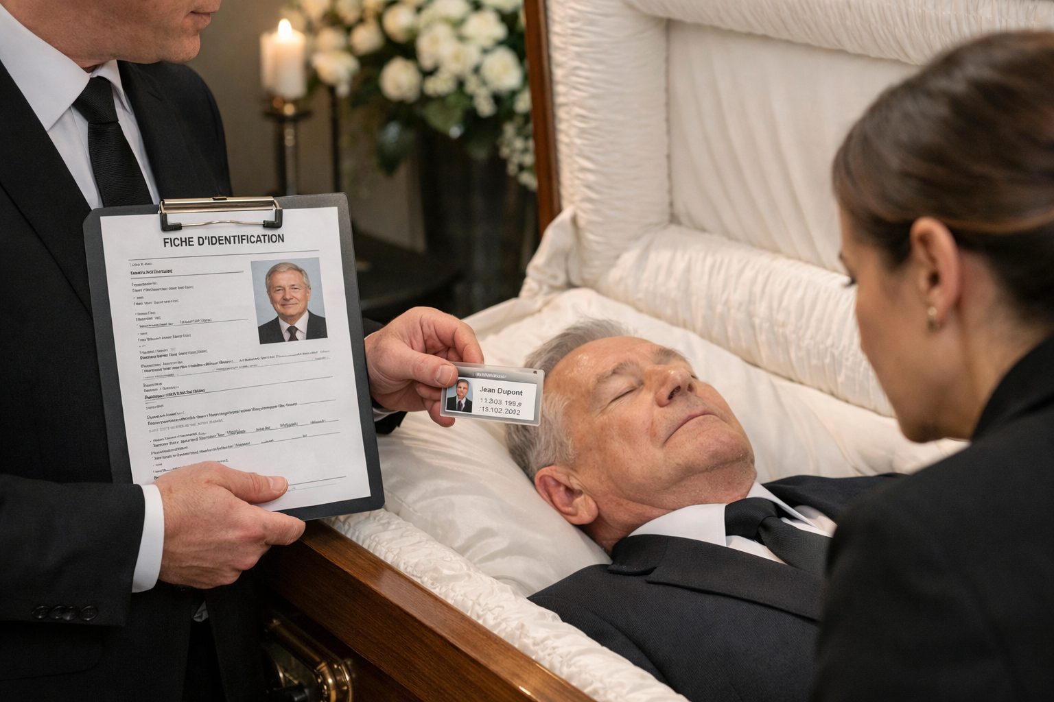 Professionnel funéraire vérifiant l’identité du défunt dans une chambre funéraire avant la présentation à la famille