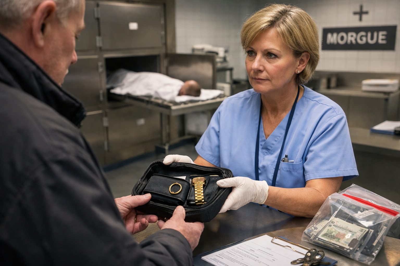 Infirmière remettant des objets de valeur d’un défunt à un proche dans un hôpital, séparément de la morgue