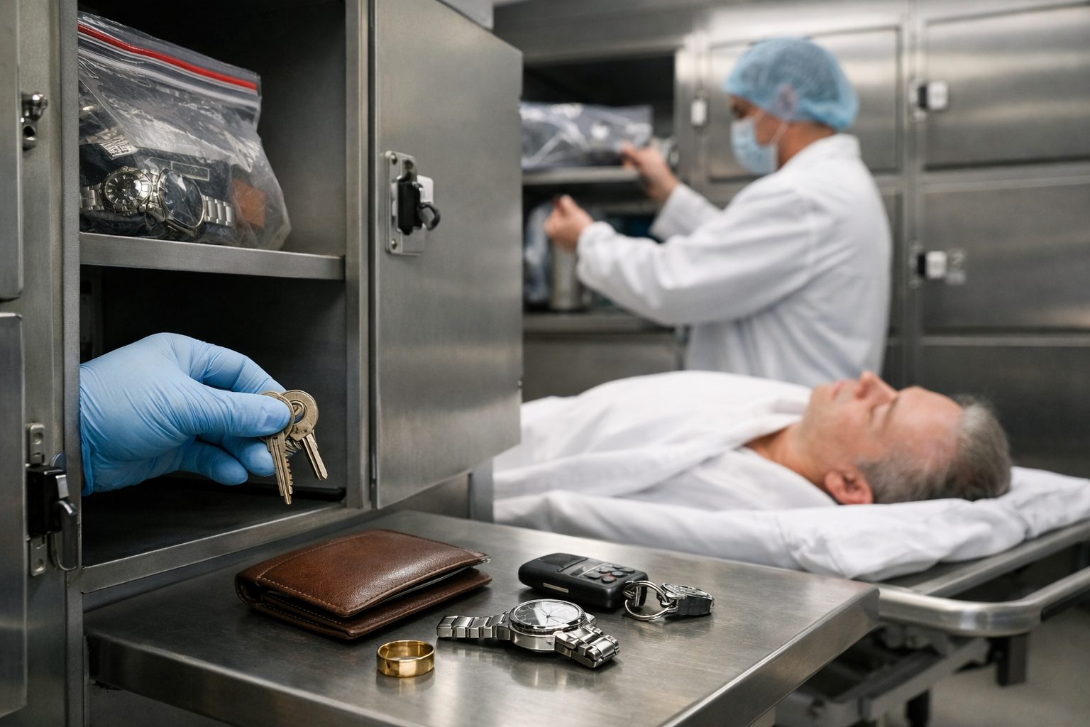 Chambre mortuaire sécurisant les effets personnels du défunt dans des compartiments fermés avec inventaire des objets de valeur