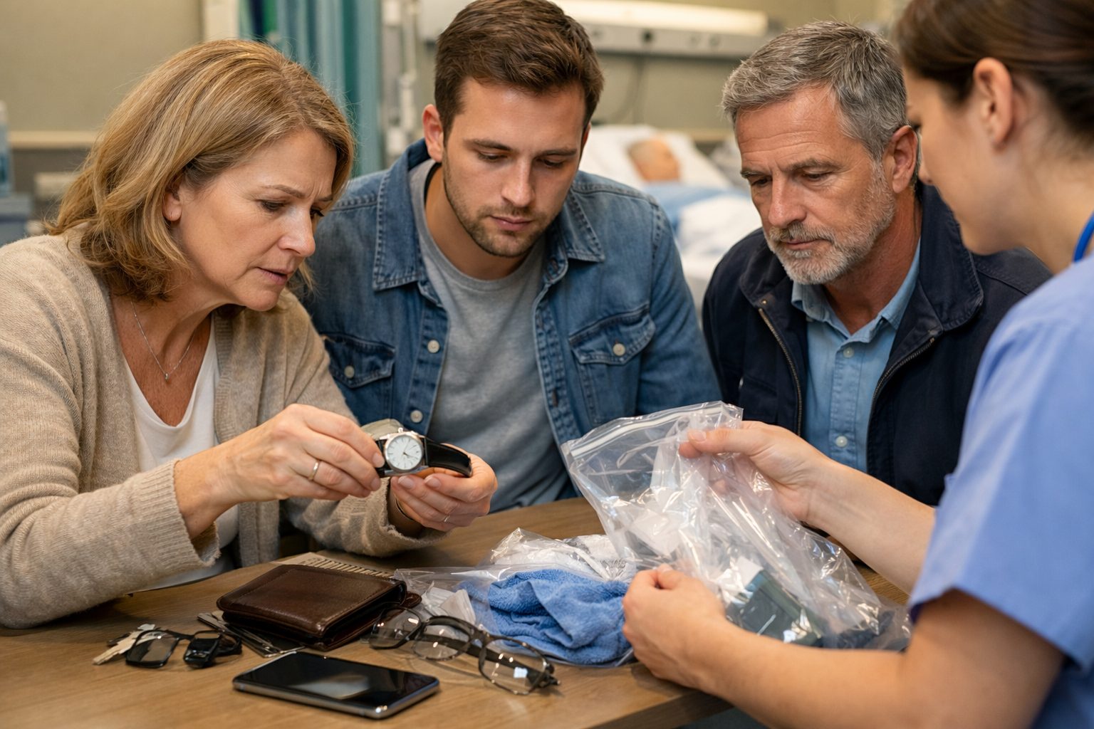 Famille vérifiant les effets personnels récupérés à l’hôpital avec une soignante dans une chambre hospitalière