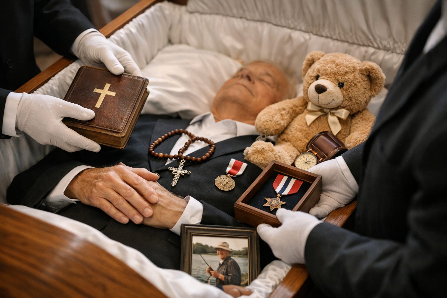 Pompes funèbres plaçant avec soin des objets personnels auprès d’un défunt dans un cercueil lors de la préparation des obsèques