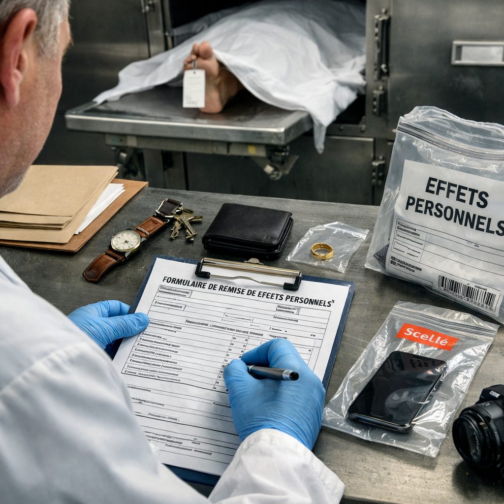 Agent de morgue documentant la remise des effets personnels d’un défunt sur un formulaire avec objets inventoriés et sachets scellés