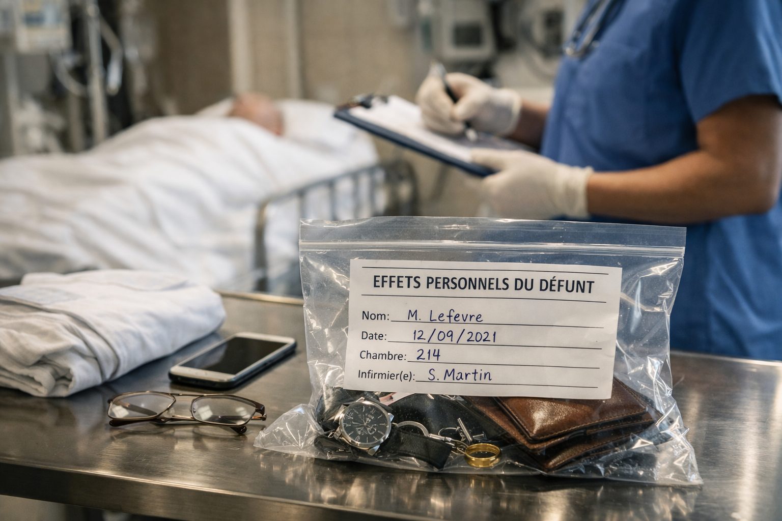 Sac d’effets personnels d’un défunt à l’hôpital avec montre, portefeuille, clés, alliance et téléphone, dans le cadre d’une procédure stricte de traçabilité