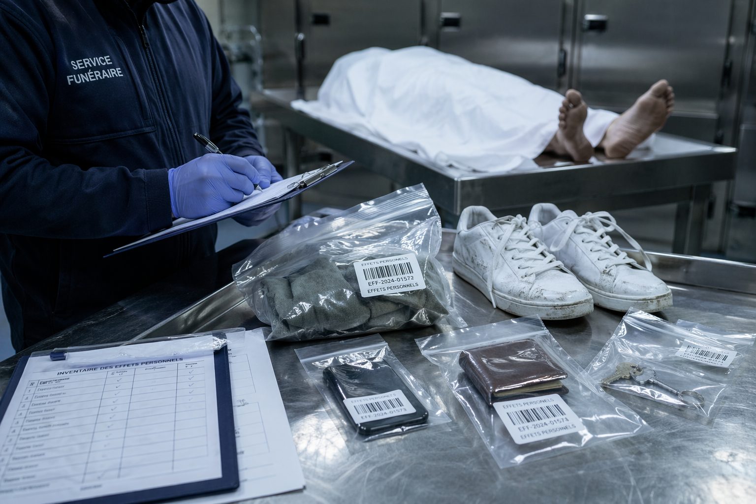 Effets personnels étiquetés sur une table de chambre funéraire pour illustrer la traçabilité des objets et l’identification sécurisée