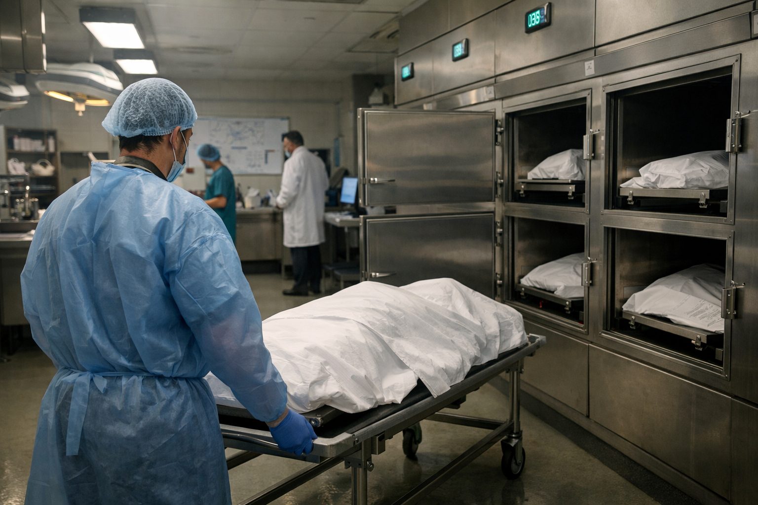 Organisation d’une morgue dans un grand hôpital avec agent hospitalier, chariot mortuaire et chambres réfrigérées