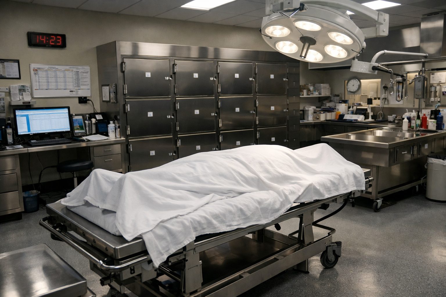 Chambre mortuaire très structurée dans un grand hôpital avec espace organisé, équipements inox et zone de conservation sécurisée