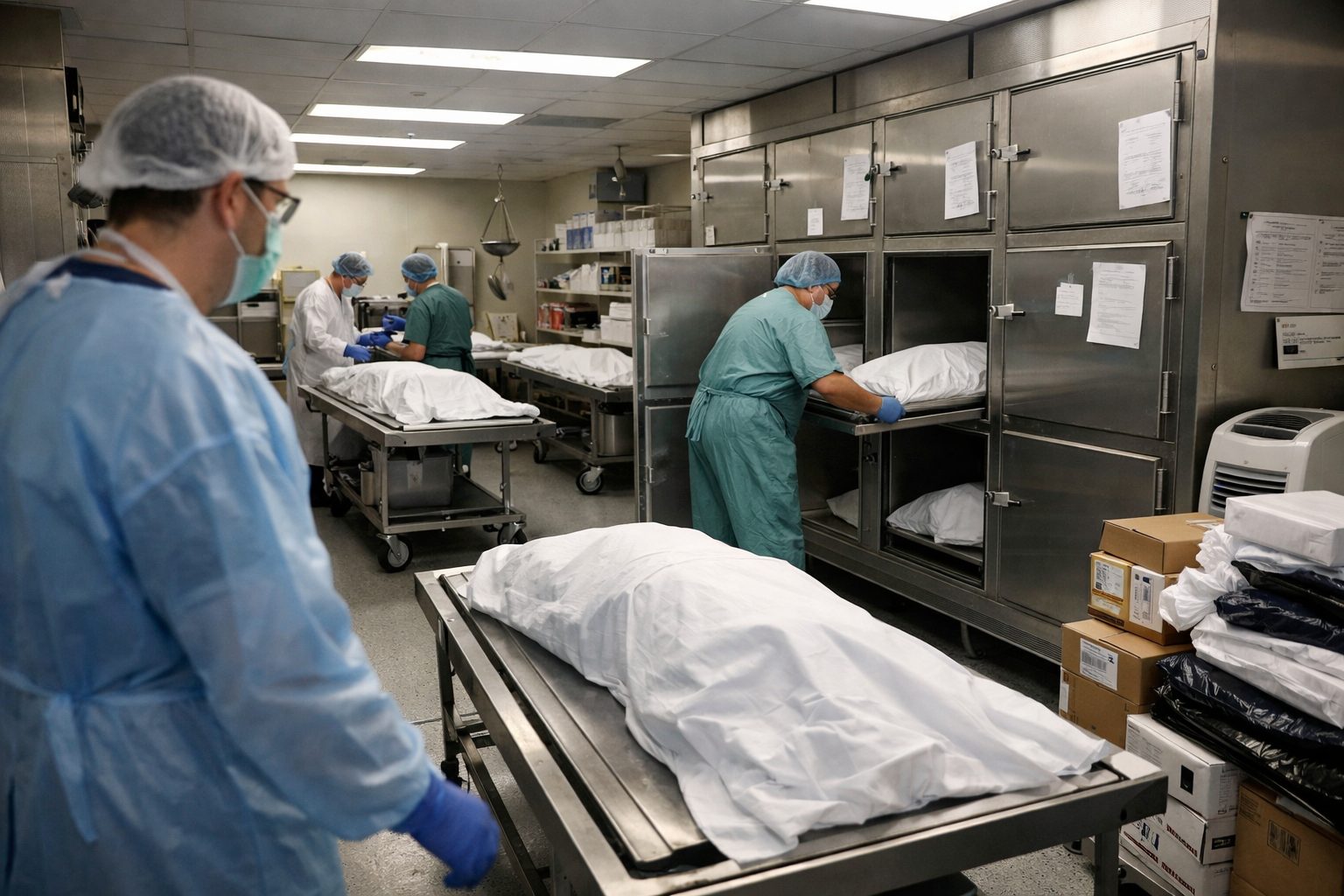 Personnel hospitalier organisant la chambre mortuaire en période de forte activité dans un hôpital