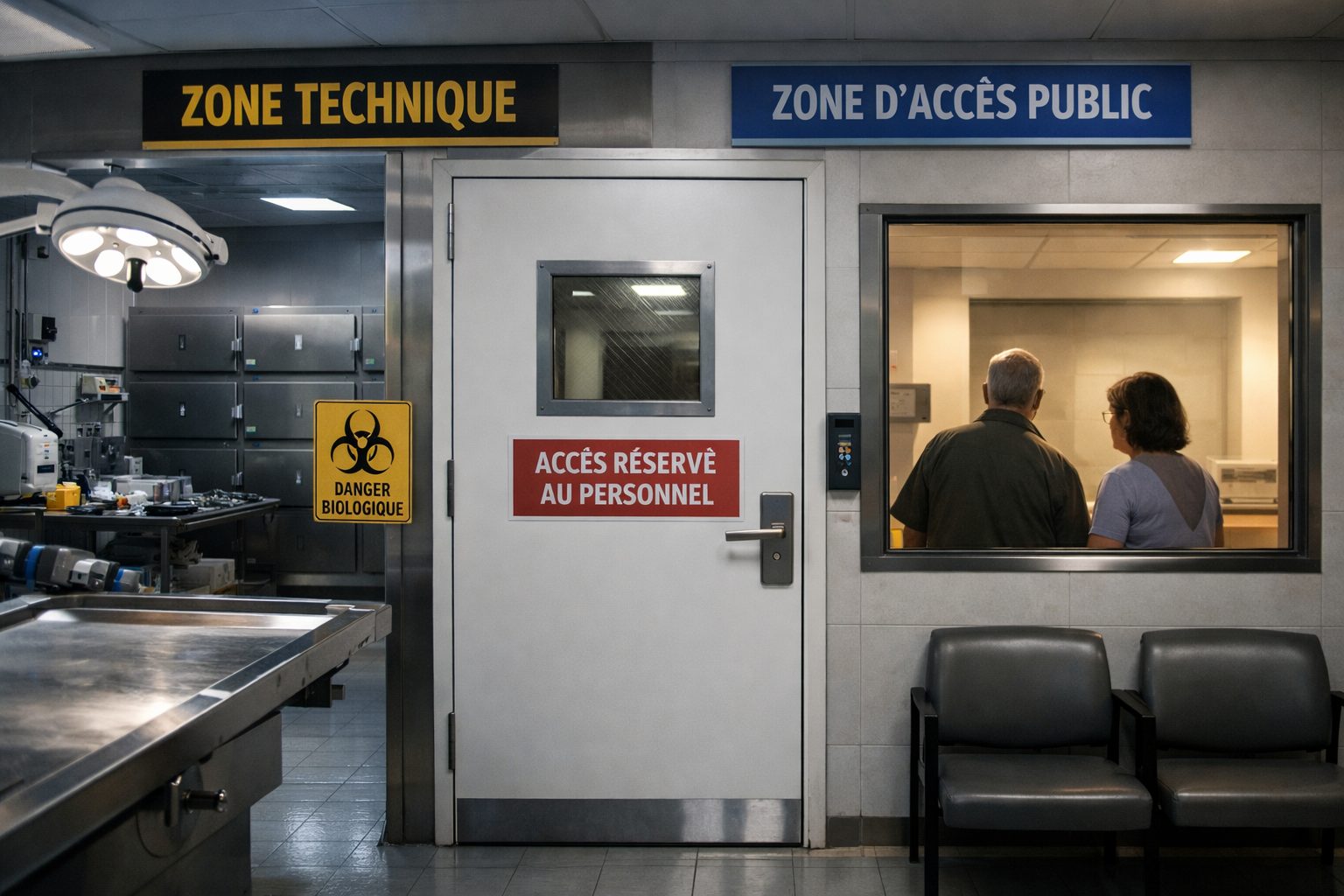 Séparation entre zone technique et zone d’accès dans une morgue avec porte sécurisée et espace d’accueil pour les familles