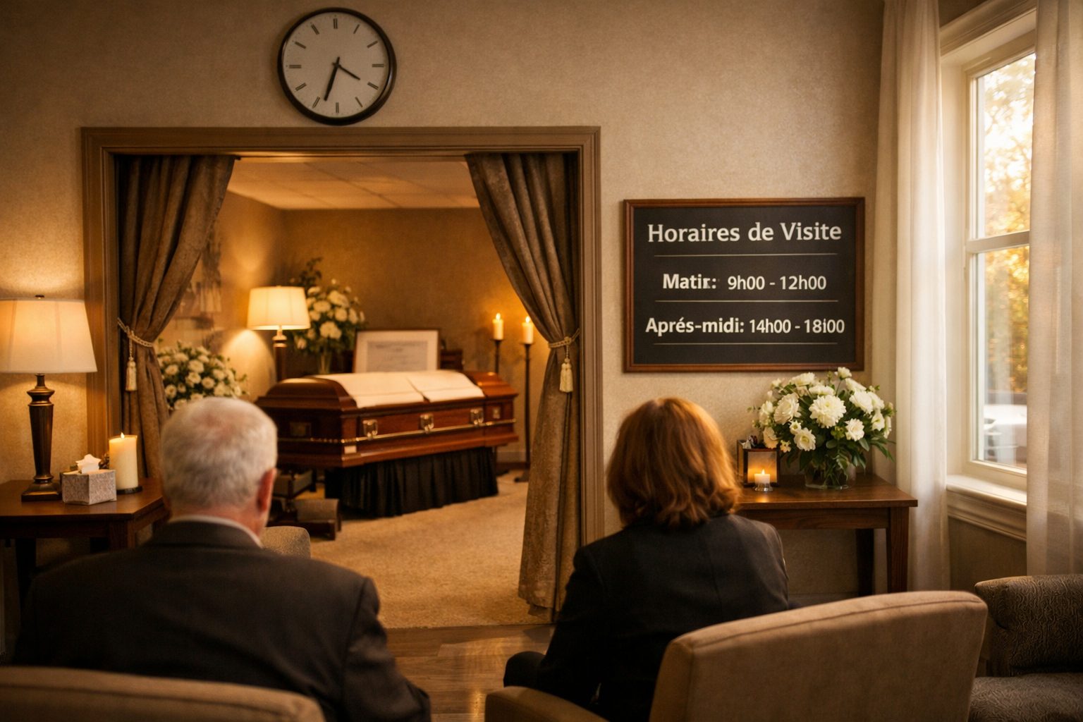 Salon de chambre funéraire organisé selon les horaires de visite avec espace de recueillement, cercueil, fleurs et visiteurs dans une ambiance apaisée