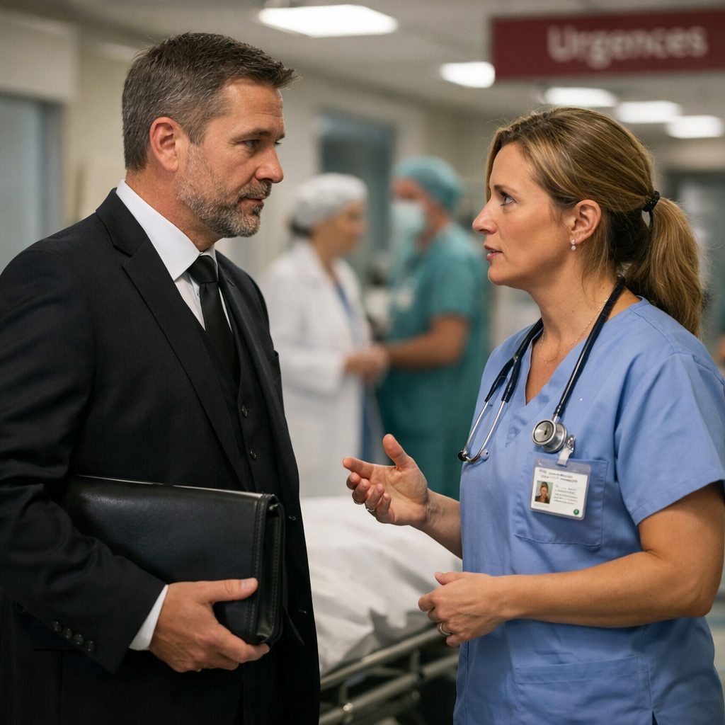 Interlocuteur hospitalier échangeant avec un professionnel des pompes funèbres dans un couloir d’hôpital