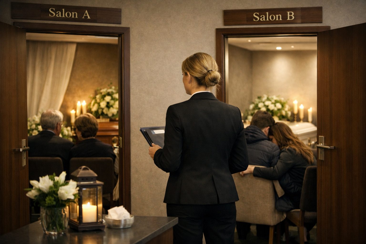 Chambre funéraire avec deux salons de recueillement accueillant plusieurs familles en parallèle dans un cadre calme et organisé