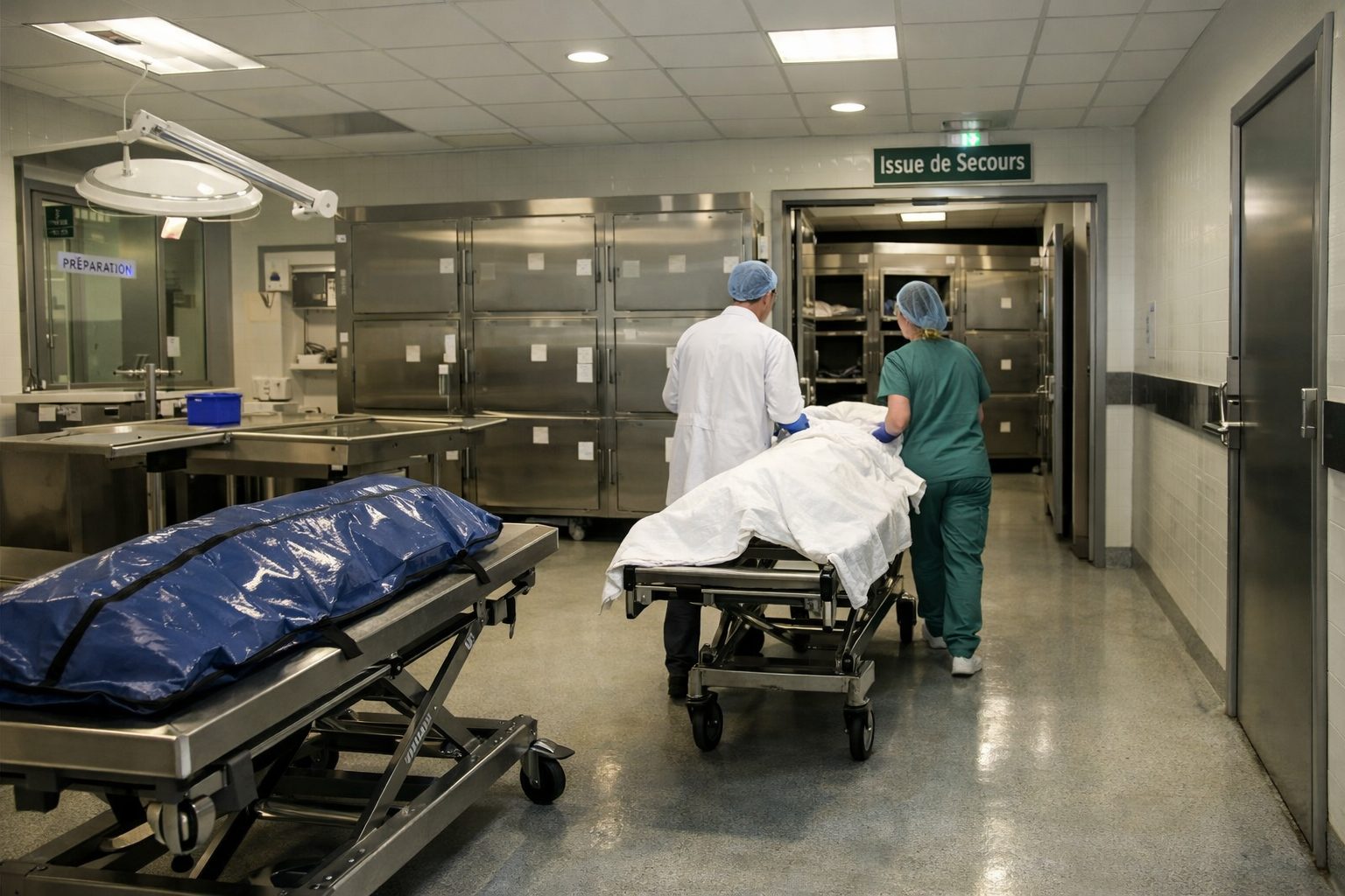 Couloir de chambre mortuaire illustrant l’optimisation de la circulation interne entre zones techniques et espaces de prise en charge