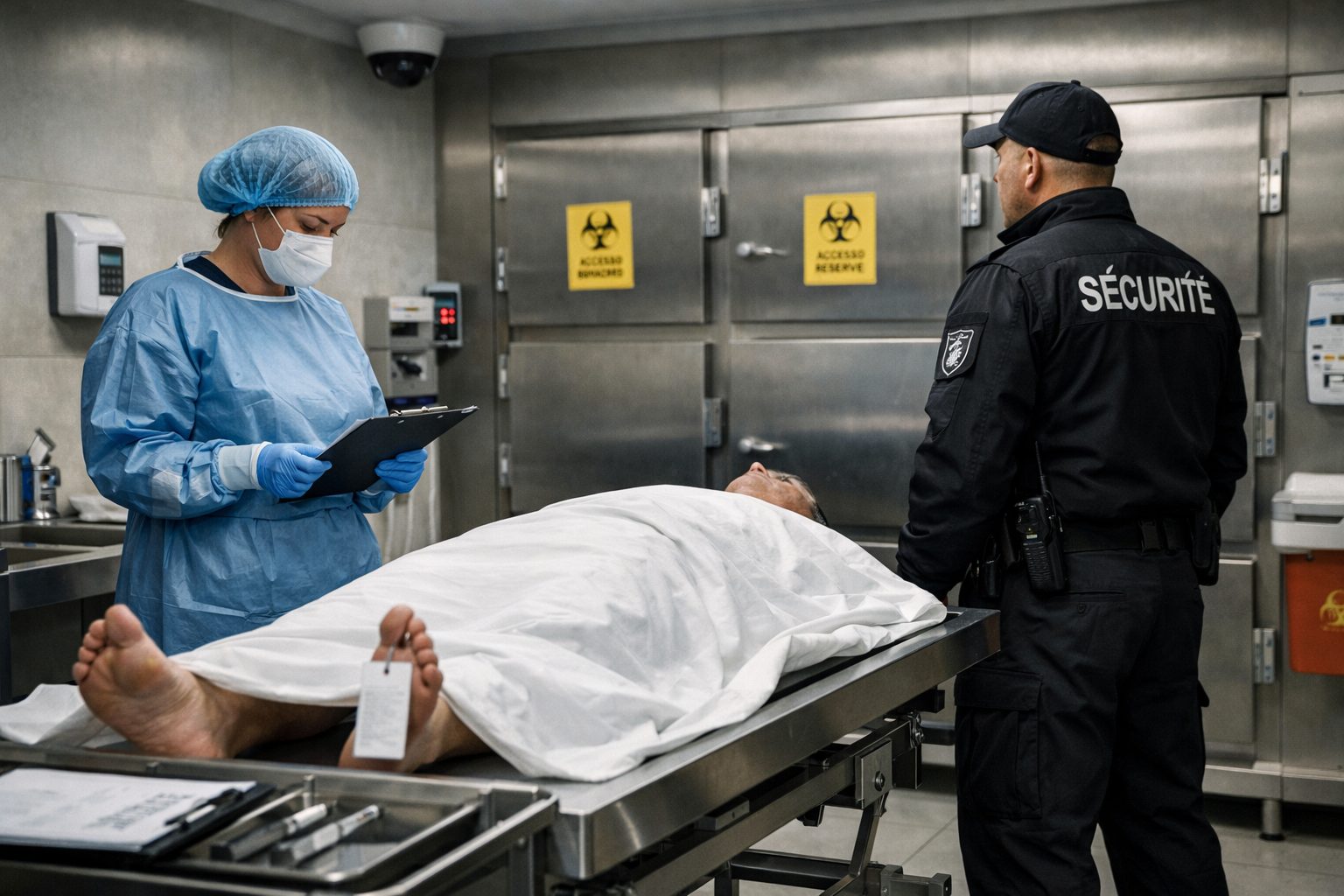 Personnel hospitalier appliquant des procédures renforcées dans une chambre mortuaire d’hôpital