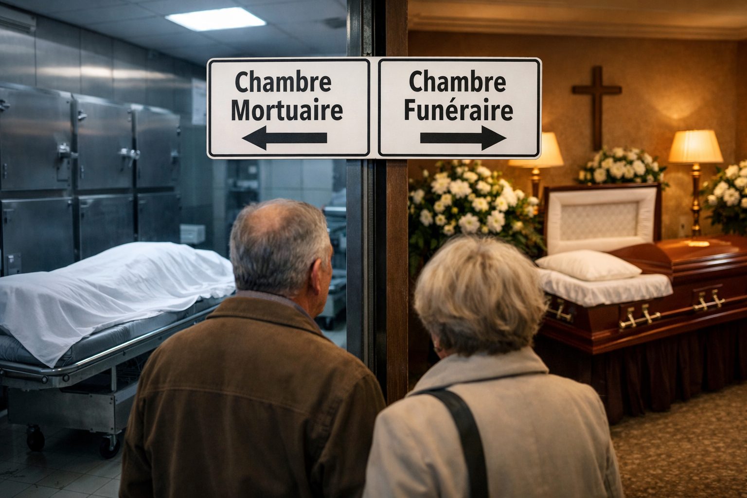 Famille face au choix entre une chambre mortuaire hospitalière et une chambre funéraire après un décès à l’hôpital