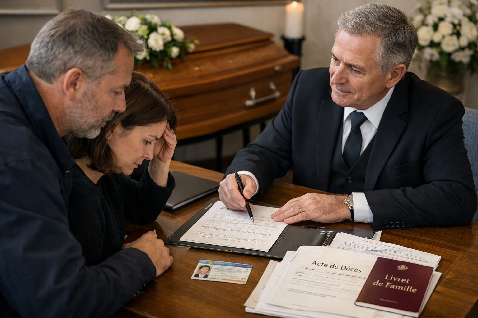 Conseiller funéraire présentant les documents demandés à la famille lors de l’organisation des obsèques