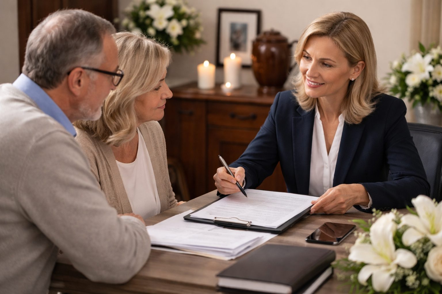 Conseillère en pompes funèbres accompagnant un couple dans les démarches administratives après un décès