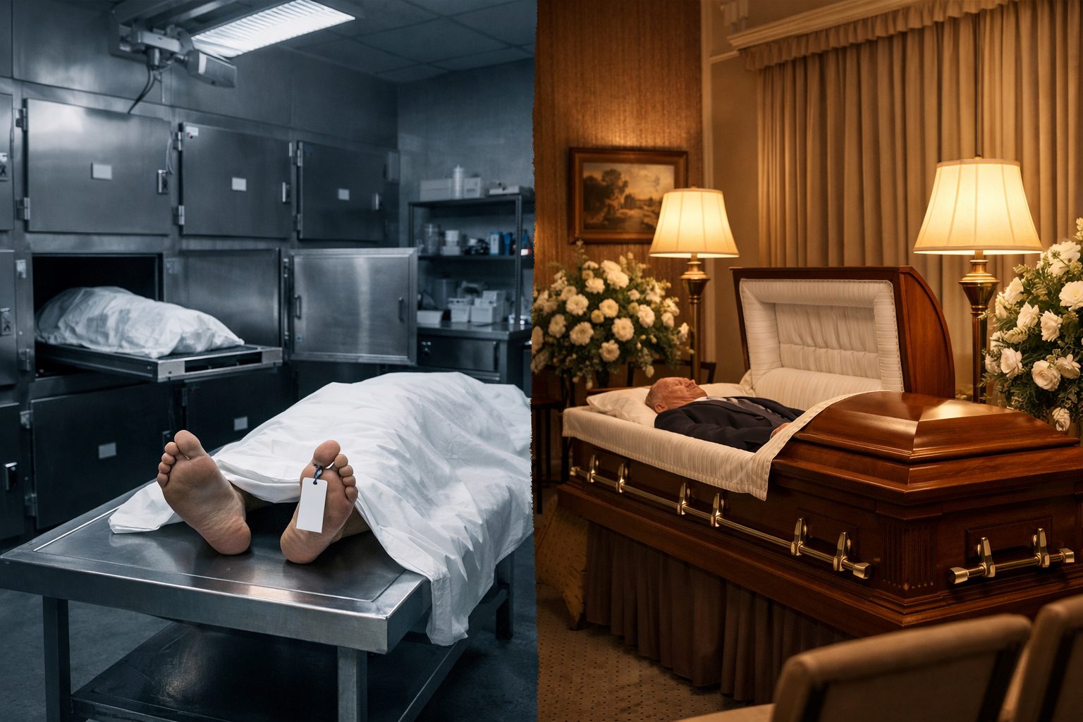 Comparaison réaliste entre une morgue au cadre médical froid et une chambre funéraire au cadre apaisé pour le recueillement des familles