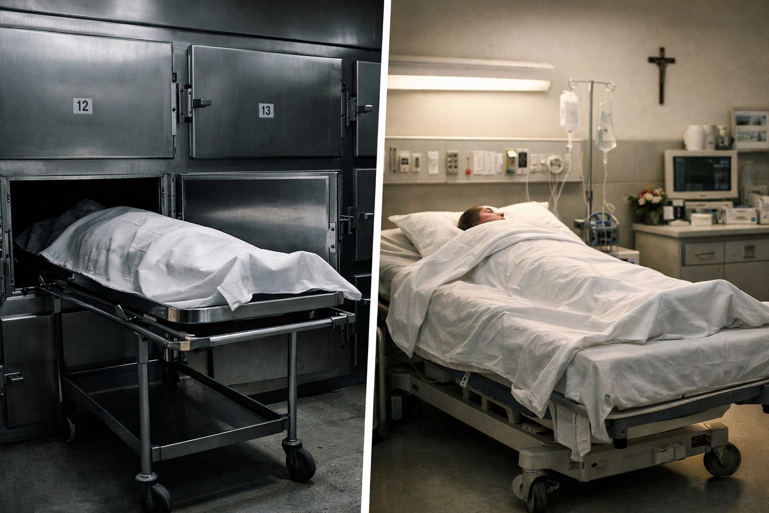 Différence entre morgue et chambre mortuaire dans un visuel réaliste montrant deux espaces de prise en charge après décès