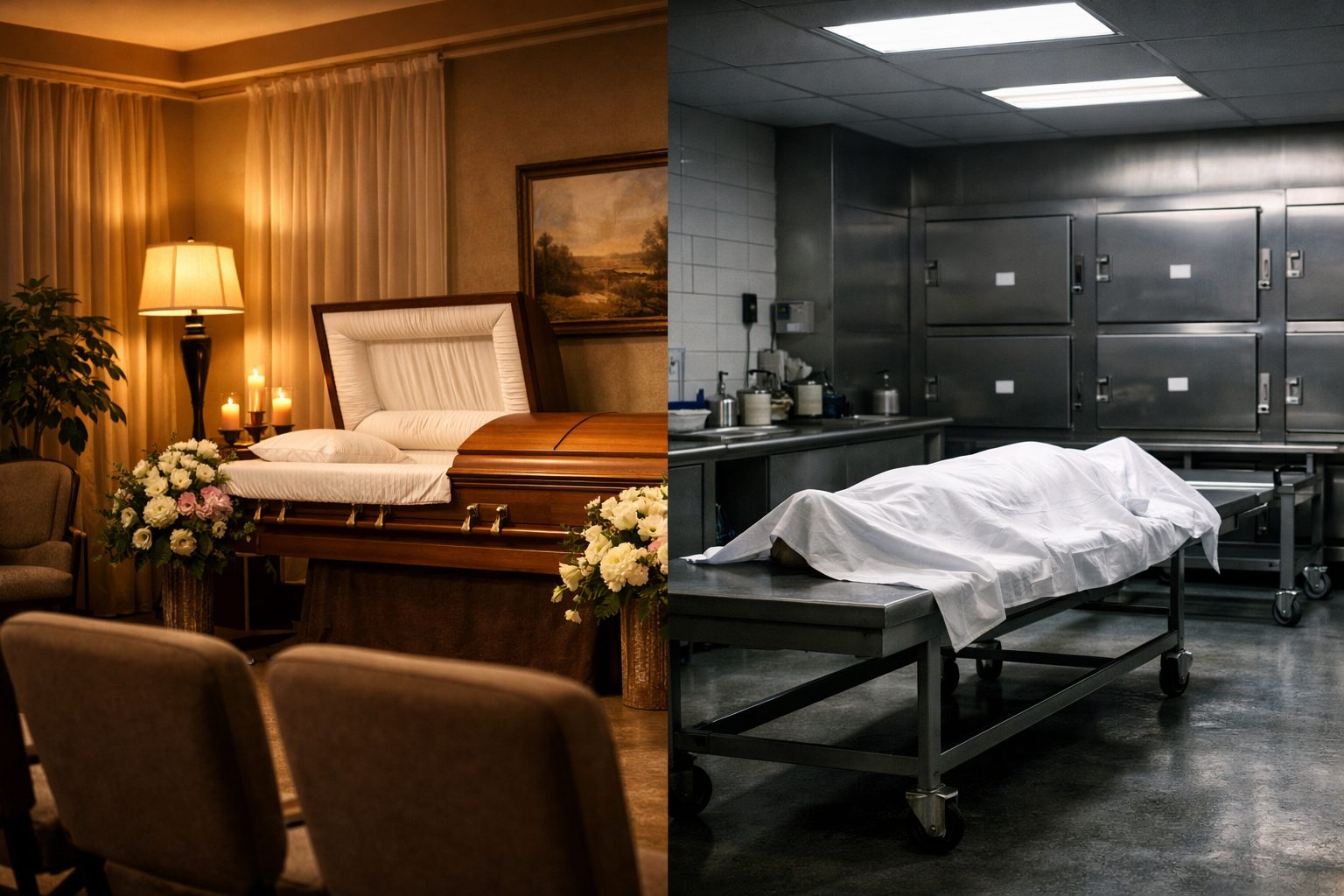 Comparaison entre une chambre funéraire apaisante et une morgue froide montrant un cadre plus humain pour le recueillement des proches