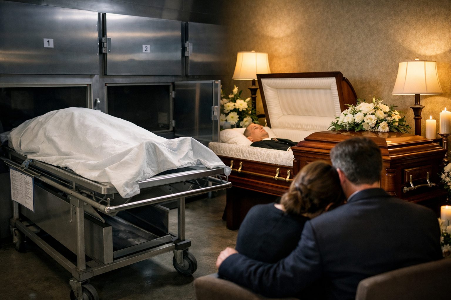 Illustration réaliste d’une chambre mortuaire et d’une chambre funéraire montrant leur rôle complémentaire dans l’accompagnement après un décès