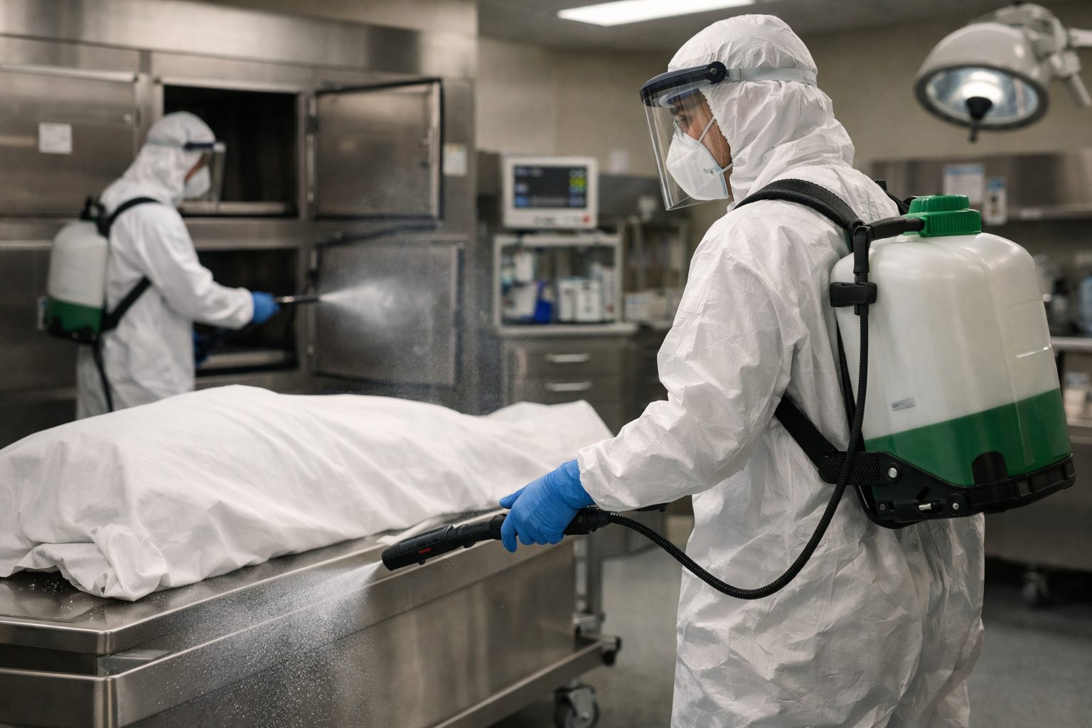 Professionnels en tenue de protection désinfectant une chambre mortuaire pour protéger les proches et le personnel