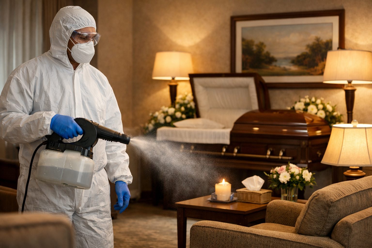 Agent funéraire en tenue de protection désinfectant une chambre funéraire dans une ambiance sobre, propre et chaleureuse.