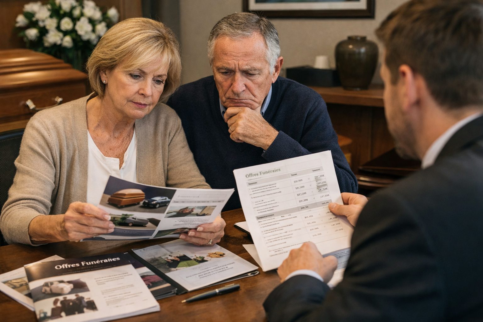 Couple échangeant avec un conseiller funéraire pour comparer plusieurs offres de pompes funèbres avant d’organiser des obsèques