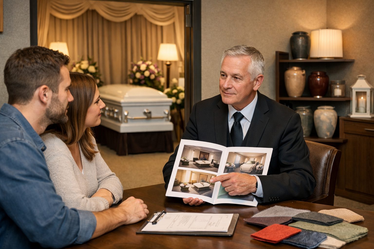 Conseiller des pompes funèbres accompagnant un couple dans le choix d’une chambre funéraire au sein d’un funérarium