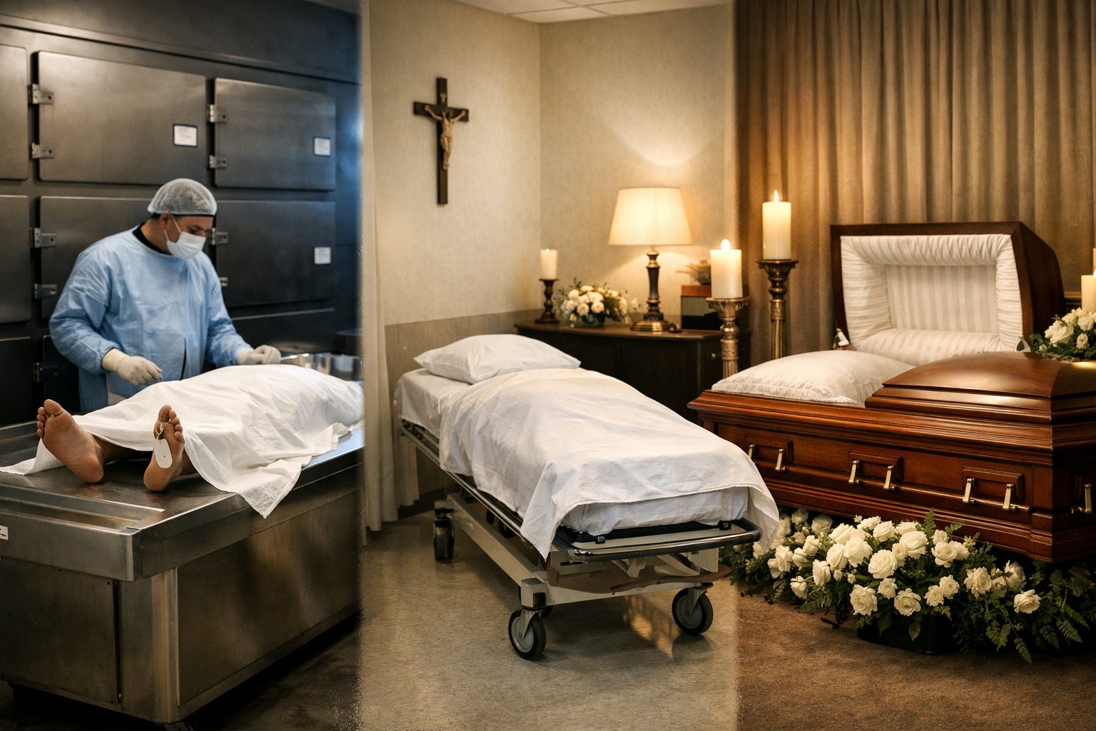 Illustration réaliste montrant la complémentarité entre la morgue, la chambre mortuaire et la chambre funéraire avant les obsèques