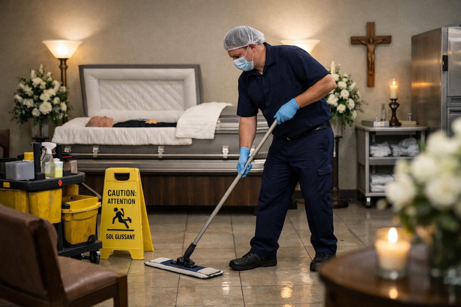 Agent d’entretien nettoyant discrètement une chambre funéraire afin de limiter les nuisances sonores, visuelles et olfactives pendant le recueillement