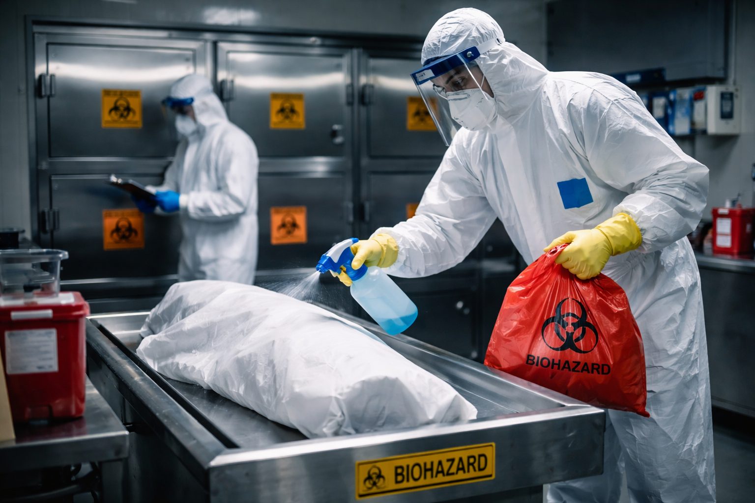 Professionnels en morgue portant des équipements de protection individuelle pour gérer les risques biologiques lors de la prise en charge d’un corps